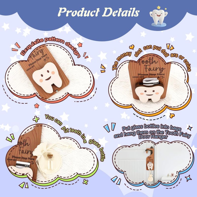 WALLFID 3Piece Set, Tooth Holder,Tooth Fairy Door Hanger,Keepsake Bottle & Velvet Bag for Lost Teeth,Encouraging Gift for Boys and Girls. (Tooth Fairy) - Image 2